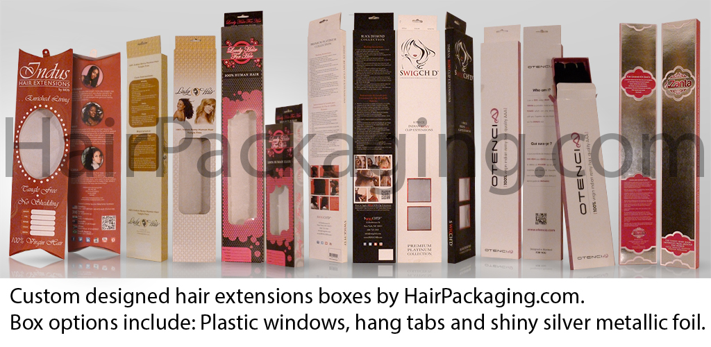 Custom designed hair extensions boxes by HairPackaging.com. Box options include: Plastic windows, hang tabs and shiny silver metallic foil.