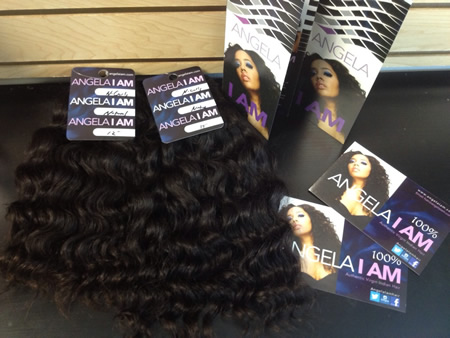 Angela Simmons 3 x 4 inch hang tag, postcard and brochure designed by hairpackaging.com