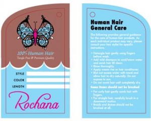 custom hair hang tag for hair packaging.  Unique shape with space to fill in style, color, and length on front and printed care instructions on back