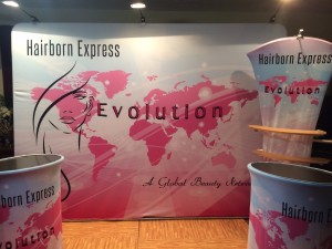 "Evolution" Hair Trade Show Booth - back drop, product display shelf and podiums.