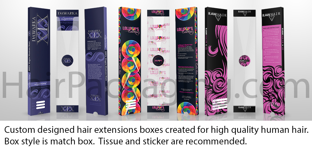 Custom designed hair extensions boxes created for high quality human hair. Box style is match box. Tissue and sticker are recommended.