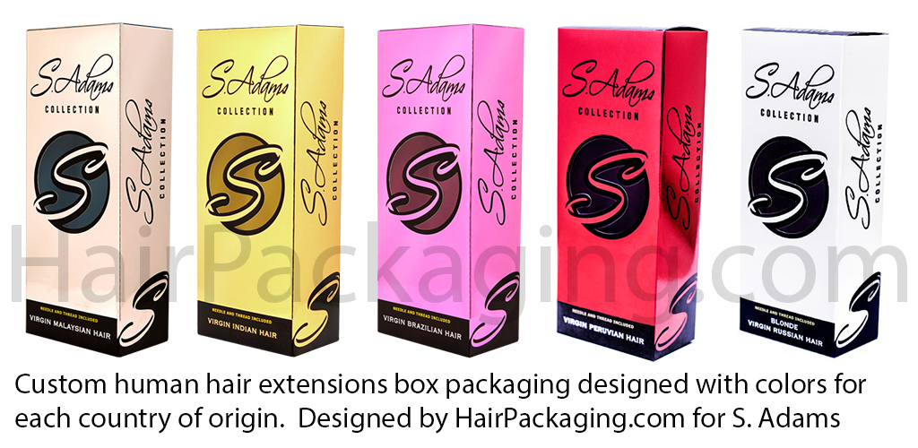 Custom human hair extensions box packaging designed with colors for each country of origin. Designed by HairPackaging.com for S. Adams