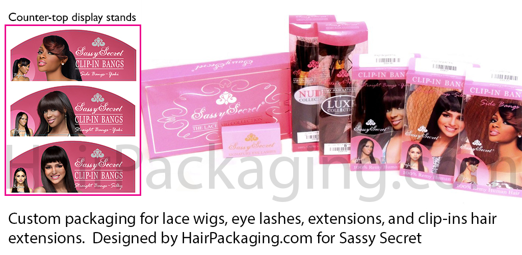 Custom packaging for lace wigs, eye lashes, extensions, and clip-ins hair extensions. Designed by HairPackaging.com for Sassy Secret.