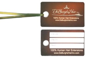 Small 3.5 x 2 inch hair hang tag for human hair extensions with tie attached - use so your hang tags are easily attached to your extensions or wigs