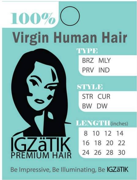 Standard 3x4 inch hang tag for virgin human hair. Pre-filled information so simply circle and attach to hair