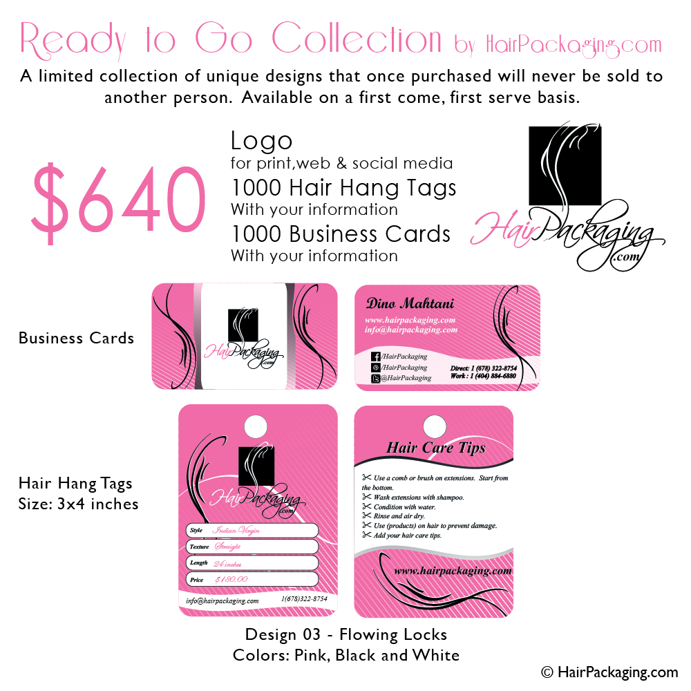 Logo, Hair Tags, Business cards $580. Design 03 Flowing Locks