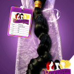 Standard 3x4 inch custom designed hang tag for Brazilian hair extensions, Pictured with our 6.5 x 15 inch sheer fabric bags