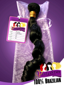 Standard 3x4 inch custom designed hang tag for Brazilian hair extensions, Pictured with our 6.5 x 15 inch sheer fabric bags